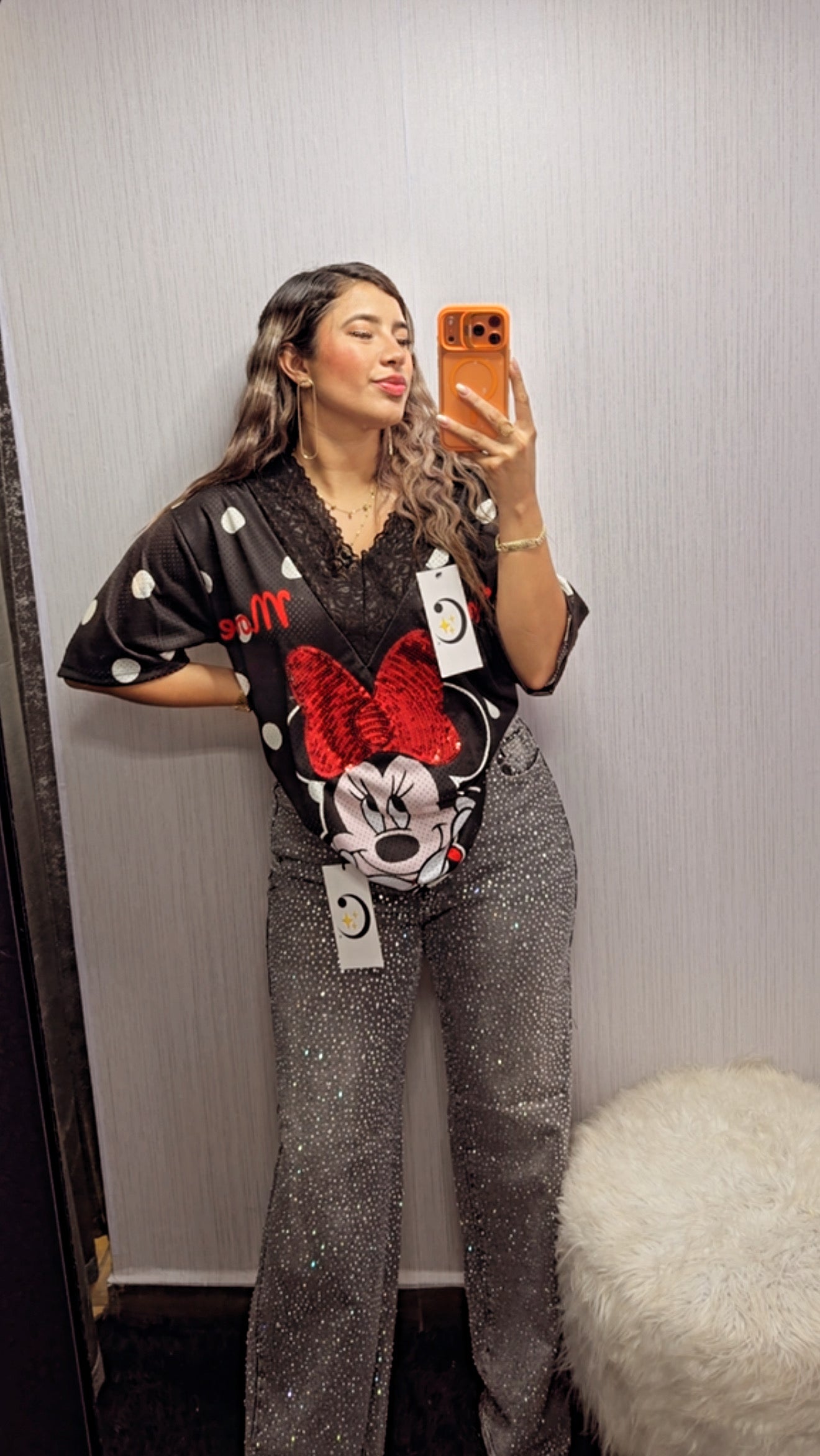 PANTALÓN PLUS GRIS DE BRILLOS CON CINTO