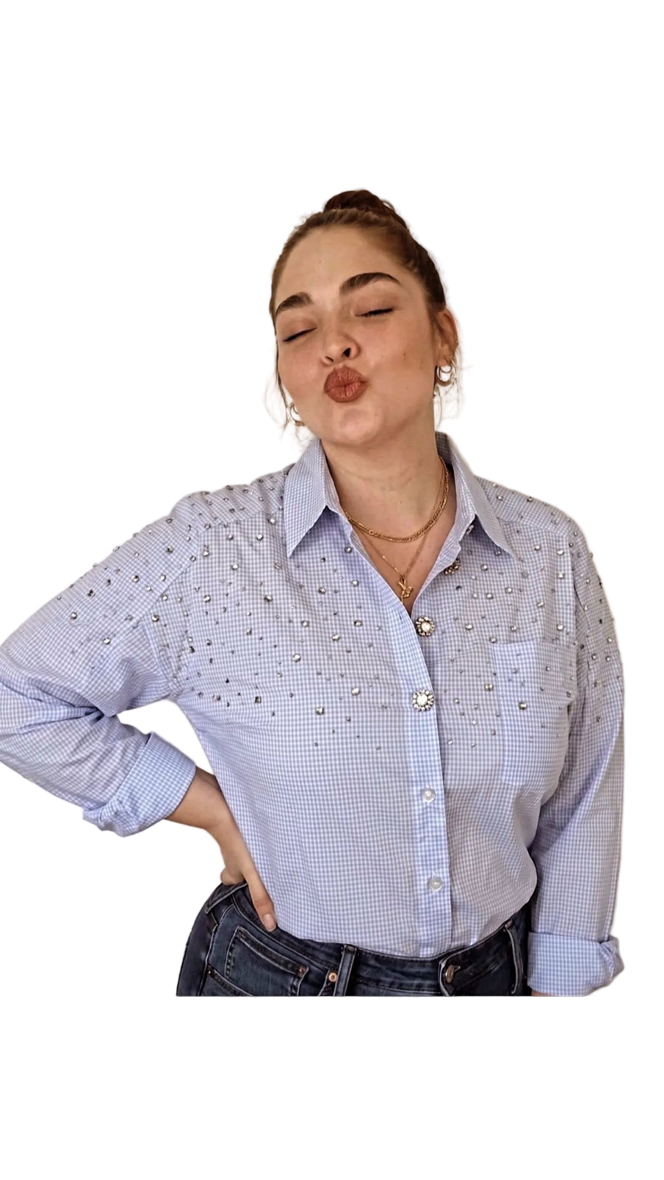 CAMISA PLUS CELESTE CON CRISTALES
