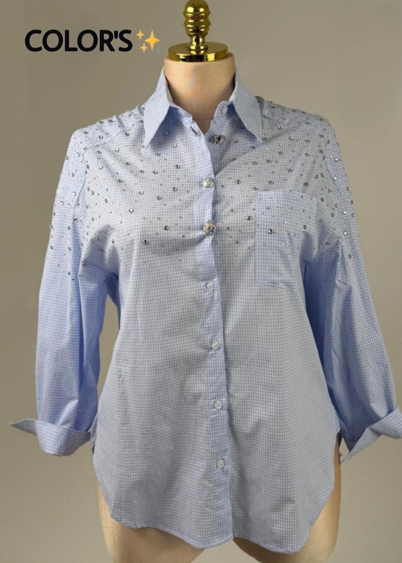 CAMISA PLUS CELESTE CON CRISTALES