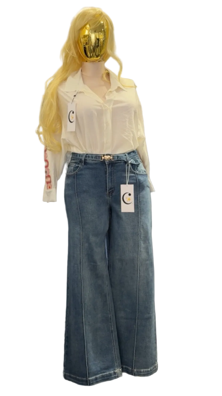 STRAIGHT-LEG TROUSERS WITH SEAMS AND HEART-SHAPED BELT