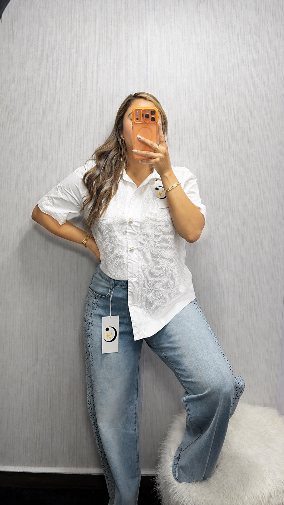 WHITE EMBROIDERED PLUS SIZE SHIRT