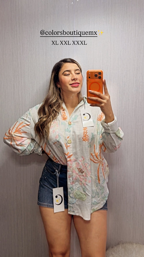 BLUSA TIPO CAMISA TALLAS EXTRAS DISEÑO PALMAS