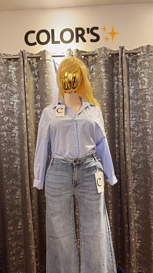 CAMISA PLUS CELESTE CON CRISTALES