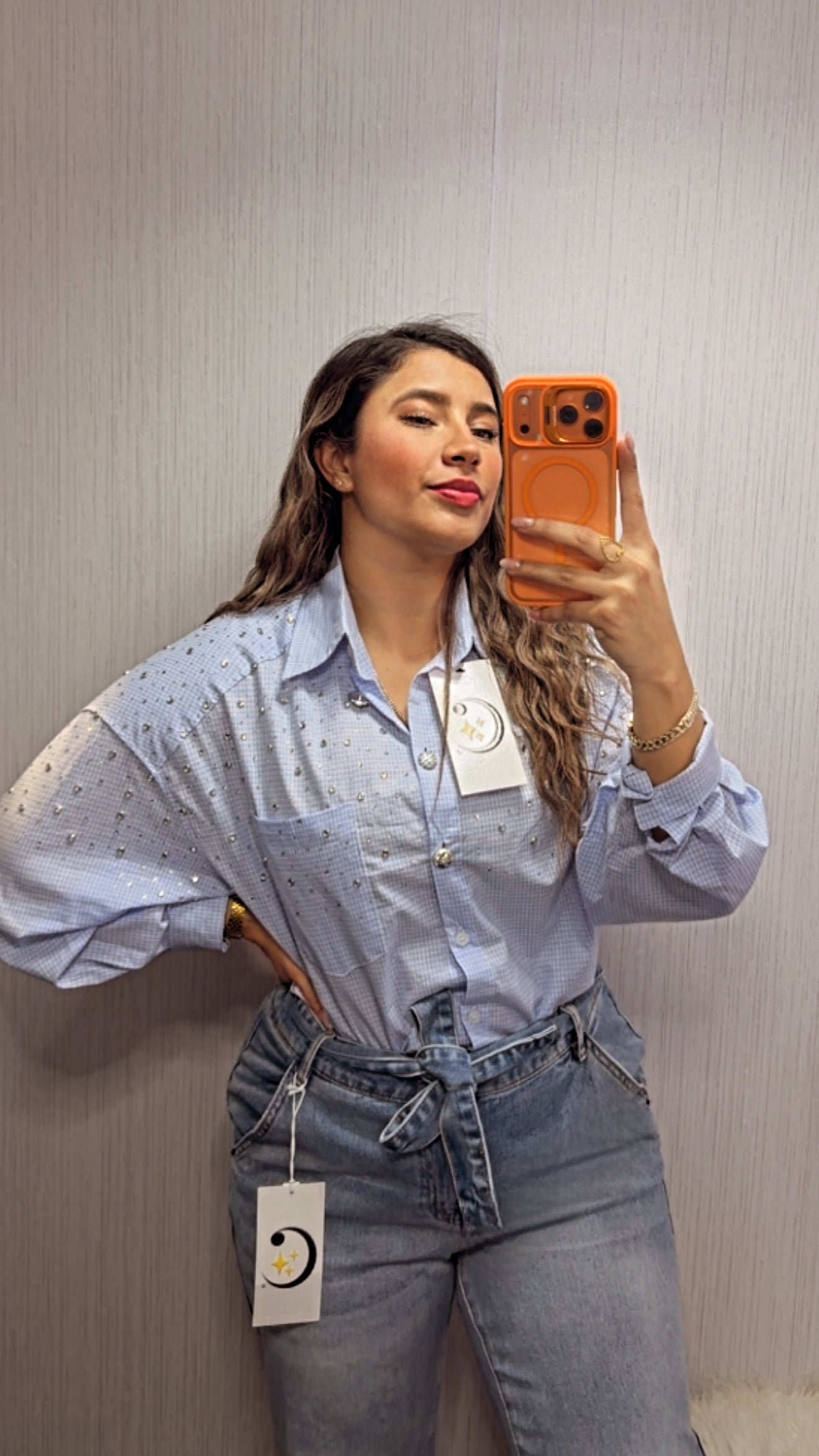 CAMISA PLUS CELESTE CON CRISTALES