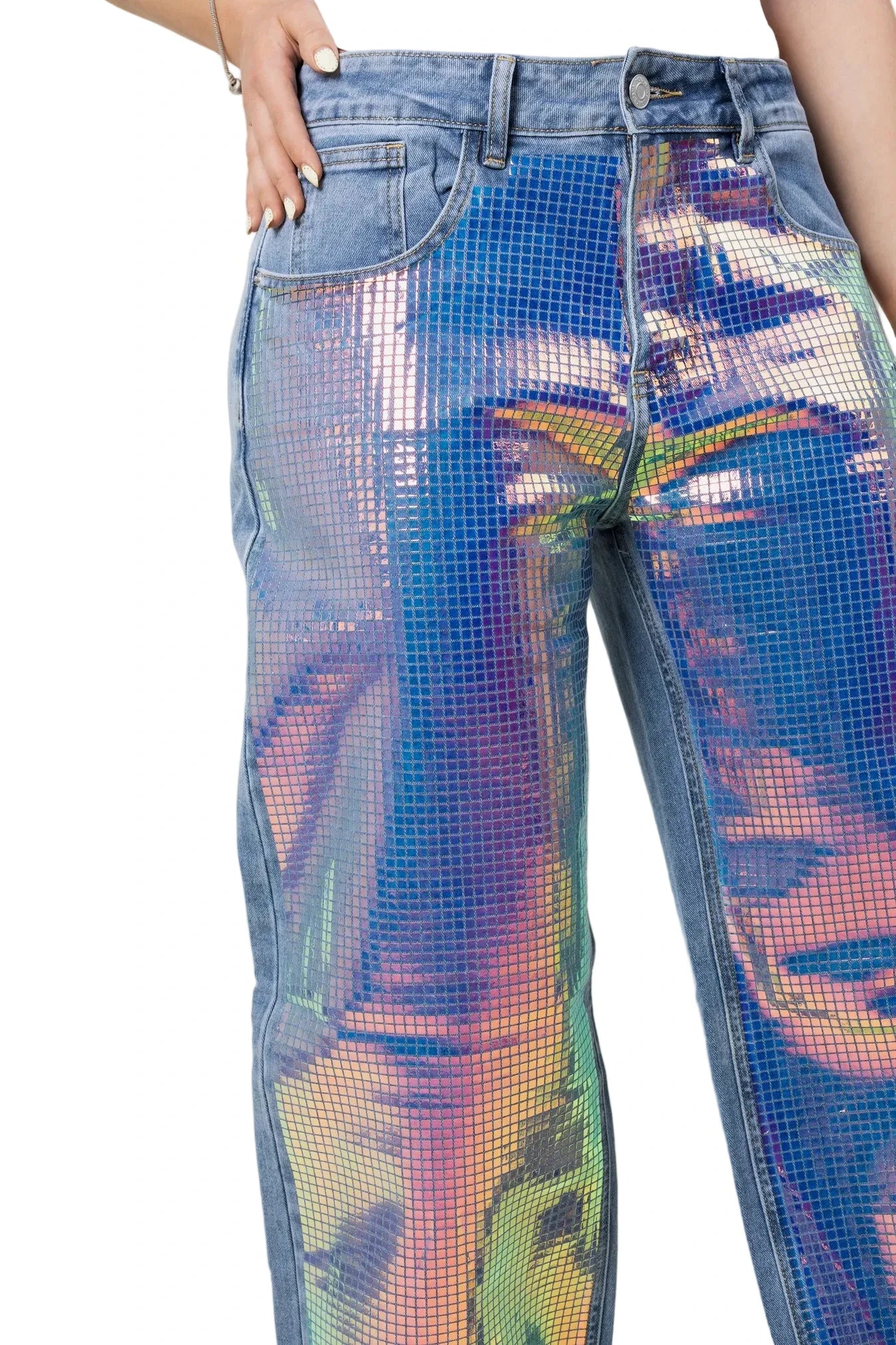 PANTALONES REGULARES TORNASOLADOS CON BRILLOS