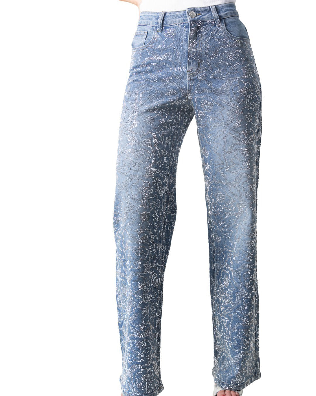 PANTALÓN REGULAR DE BRILLOS PATRÓN DE FLORES