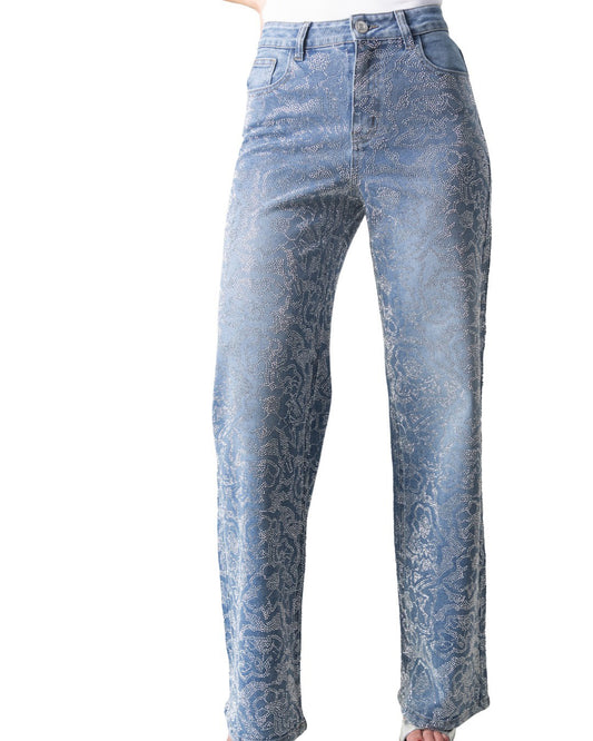 PANTALÓN REGULAR DE BRILLOS PATRÓN DE FLORES