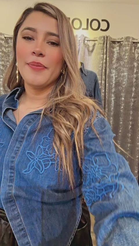 DENIM SHIRT WITH EMBROIDERY ON SLEEVES